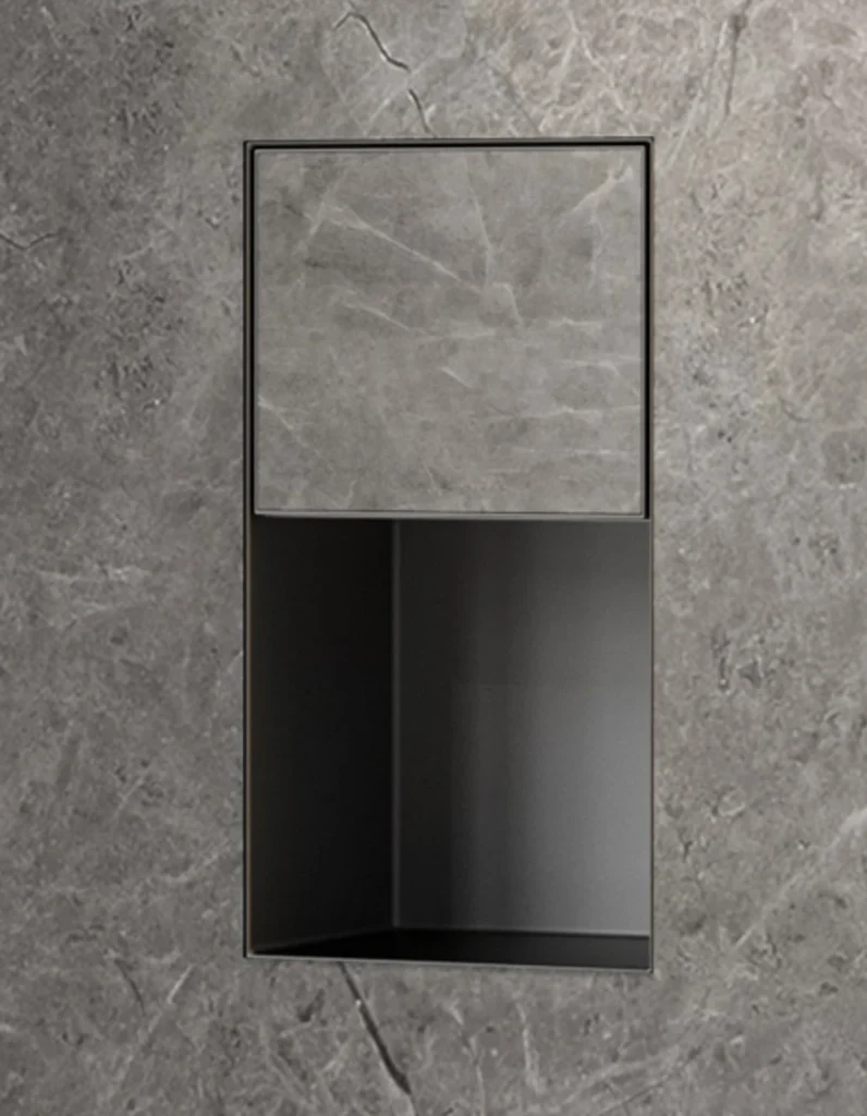 BEFEN BF5501 stainless steel shower niche with upper panel and open lower compartment, black finish (Rendering)