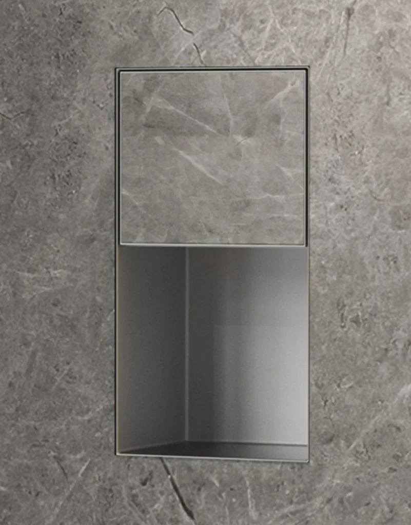 BEFEN BF5501 stainless steel shower niche with upper panel and open lower compartment, grey finish (Rendering)