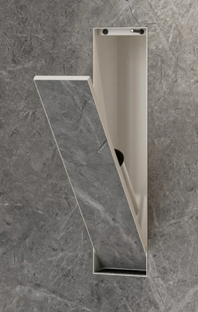 BEFEN BF5502 stainless steel shower niche with slim profile and full-height tilt-out door, cream white finish (Rendering)