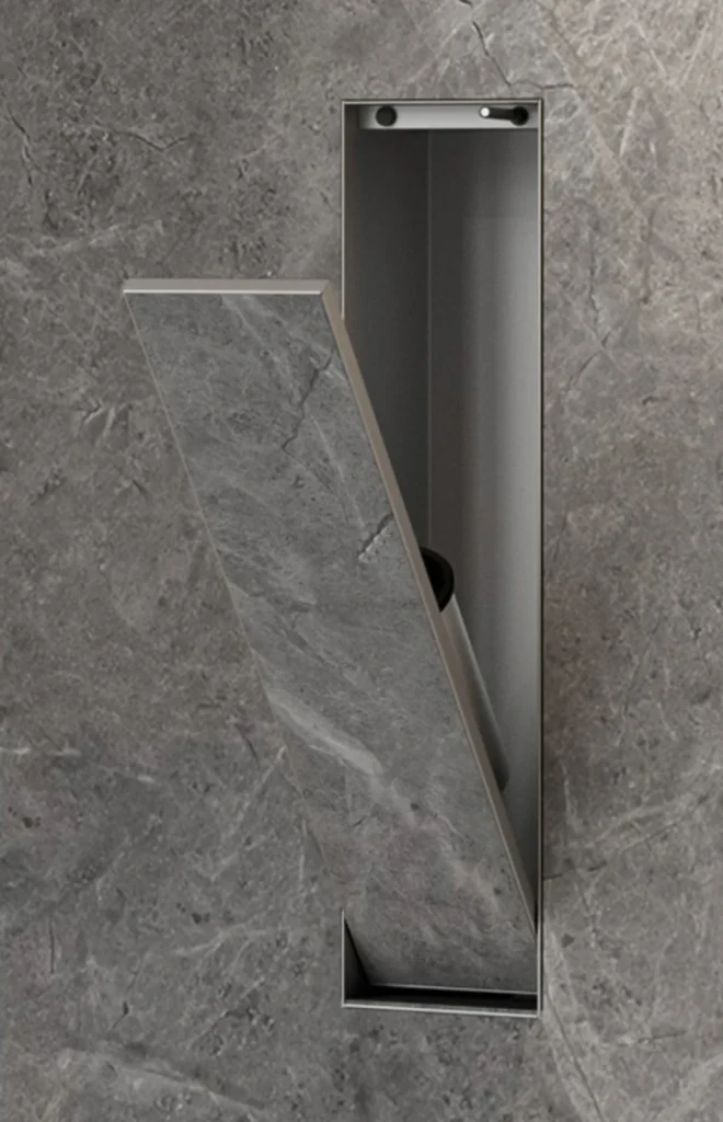 BEFEN BF5502 stainless steel shower niche with slim profile and full-height tilt-out door, grey finish (Rendering)