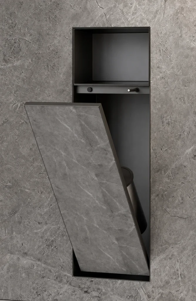 BEFEN BF5503 stainless steel shower niche with open upper shelf and tilt-out lower door, black finish (Rendering)