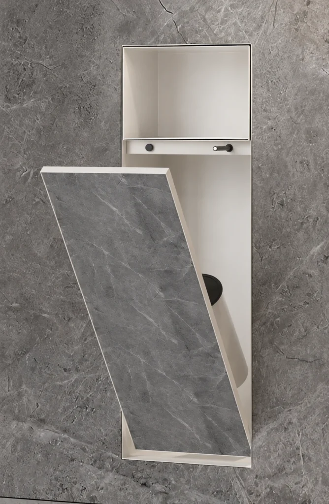 BEFEN BF5503 stainless steel shower niche with open upper shelf and tilt-out lower door, cream white finish (Rendering)