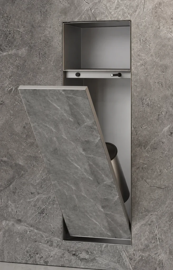 BEFEN BF5503 stainless steel shower niche with open upper shelf and tilt-out lower door, grey finish (Rendering)