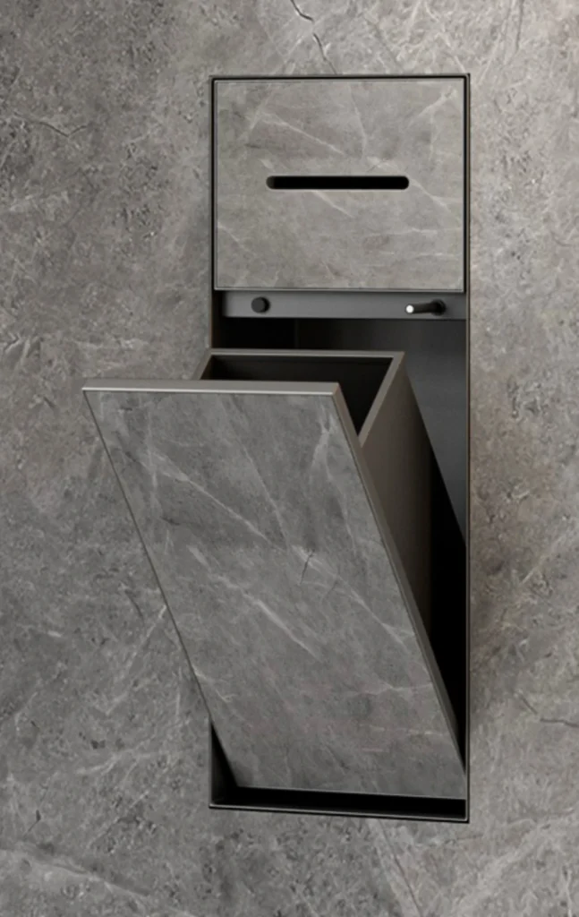 BEFEN BF5504 stainless steel shower niche with paper slot and tilt-out lower door, black finish (Rendering)