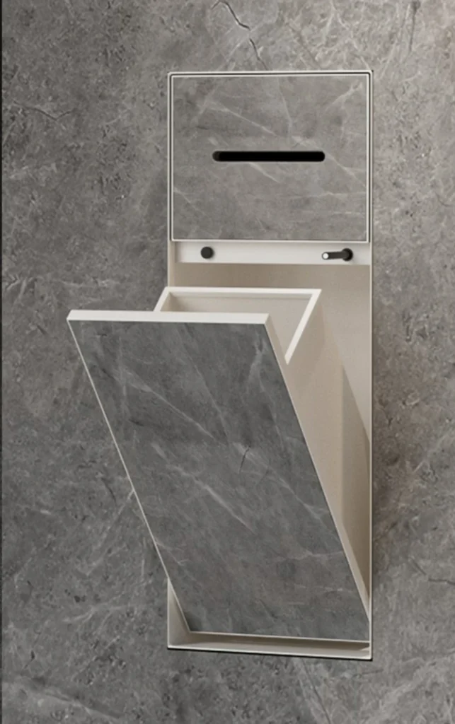 BEFEN BF5504 stainless steel shower niche with paper slot and tilt-out lower door, cream white finish (Rendering)