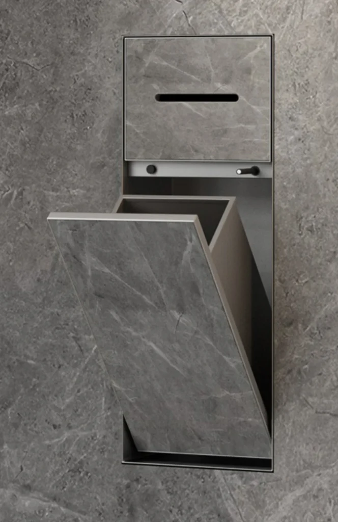 BEFEN BF5504 stainless steel shower niche with paper slot and tilt-out lower door, grey finish (Rendering)