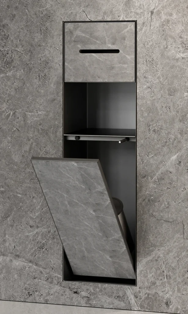 BEFEN BF5505 stainless steel shower niche with paper slot, open shelf and tilt-out lower door, black finish (Rendering)