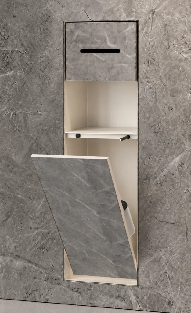 BEFEN BF5505 stainless steel shower niche with paper slot, open shelf and tilt-out lower door, cream white finish (Rendering)