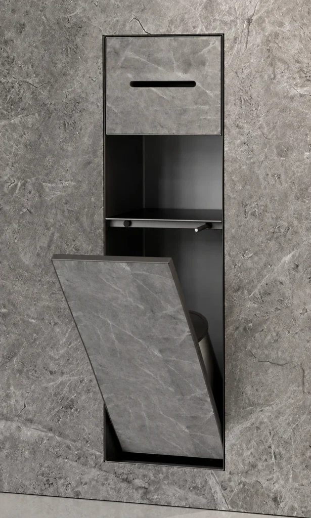 BEFEN BF5505 stainless steel shower niche with paper slot, open shelf and tilt-out lower door, grey finish (Rendering)