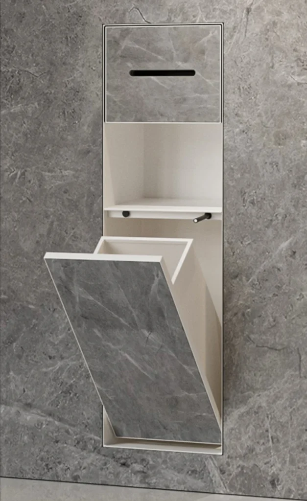 BEFEN BF5506 stainless steel shower niche with paper slot, open shelf and tilt-out lower door, cream white finish (Rendering)