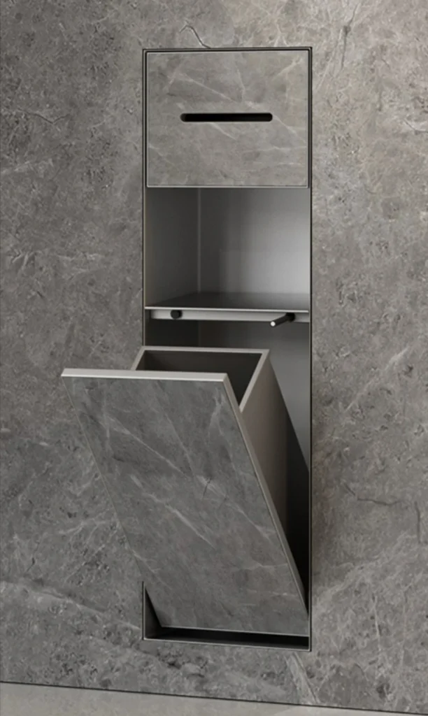 BEFEN BF5506 stainless steel shower niche with paper slot, open shelf and tilt-out lower door, grey finish (Rendering)