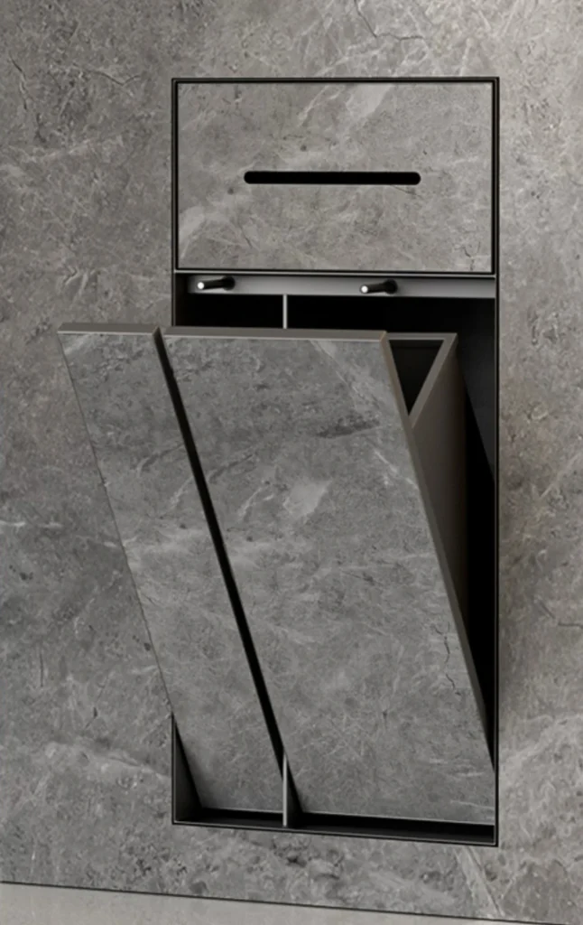 BEFEN BF5507 stainless steel shower niche with paper slot and two tilt-out lower doors, black finish (Rendering)