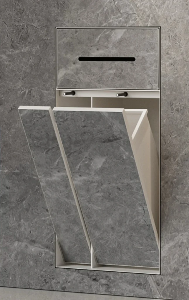 BEFEN BF5507 stainless steel shower niche with paper slot and two tilt-out lower doors, cream white finish (Rendering)