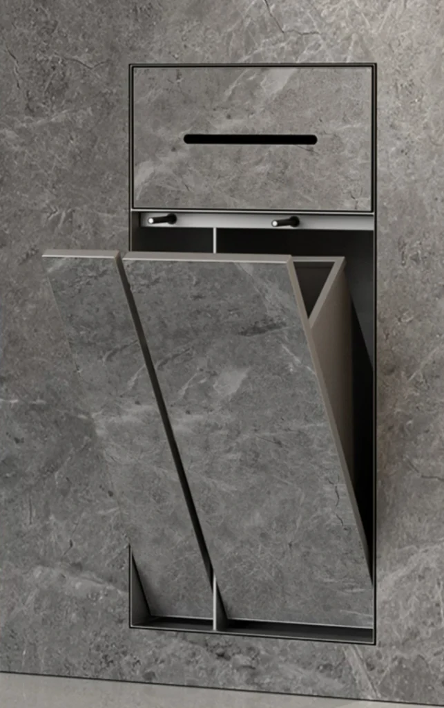 BEFEN BF5507 stainless steel shower niche with paper slot and two tilt-out lower doors, grey finish (Rendering)